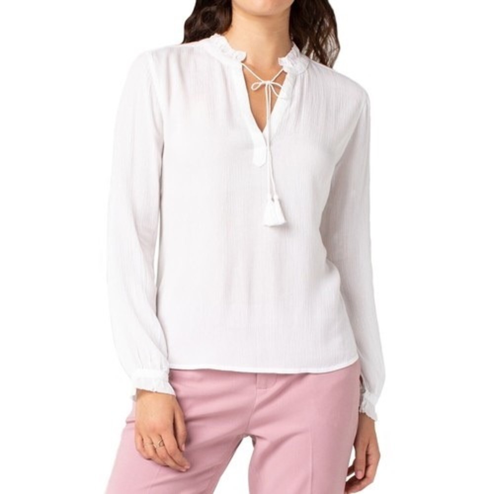 LIVERPOOL RUFFLE NECK TIE-FRONT BLOUSE White Size Large Gauzy Lightweight Beachy